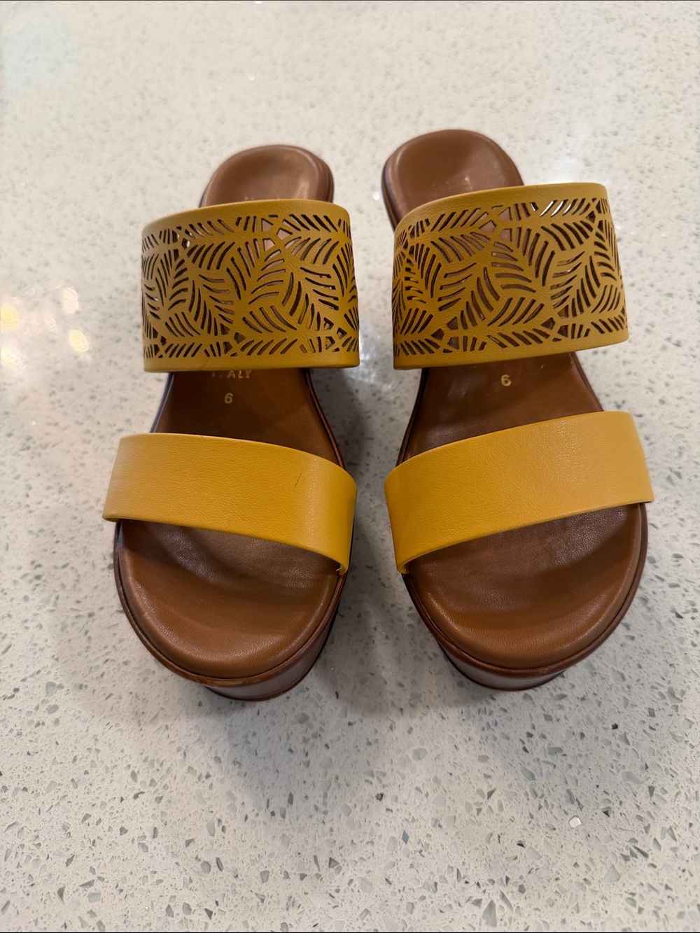 Italian Shoemakers Mustard Yellow Laser-Cut Double Strap Slide Sandals